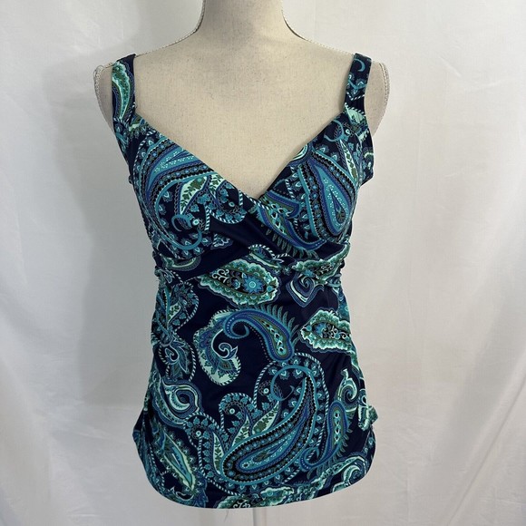Lands End V Neck Blue/Green Paisley Underwire Tankini Swim Top Size 8 - Picture 1 of 7